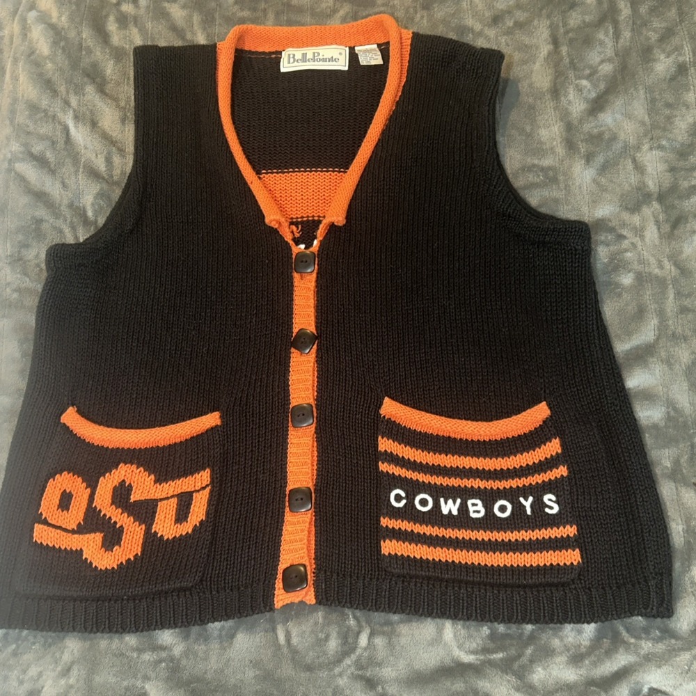 VTG BellePointe‎ OSU Cowboys Sweater Vest Large Black Orange Knit Ramie Cotton